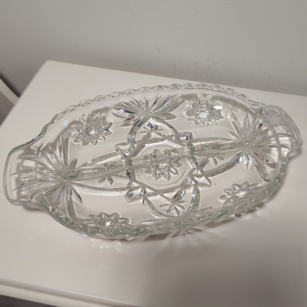 Vintage Anchor Hocking Star of David pressed glass divided relish dish